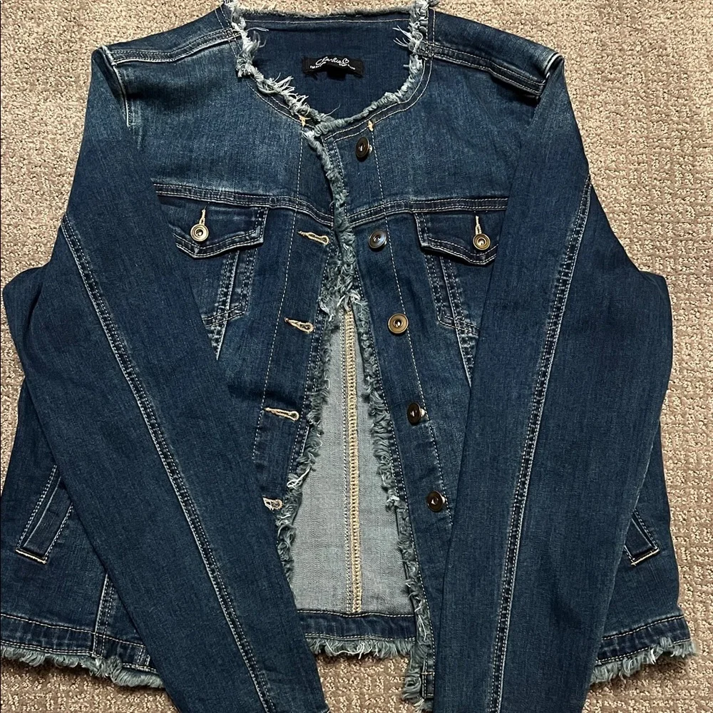 CHARLIE B Dark Blue Frayed-Trim Denim Jacket - Picture 1 of 3